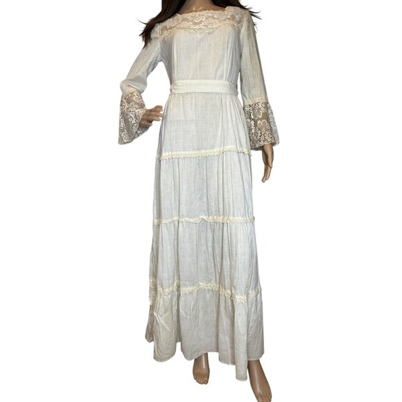 Vintage 70s Ivory Boho Praire Cottagecore Tiered Maxi Dress Crochet Bell Sleeves - Picture 1 of 16